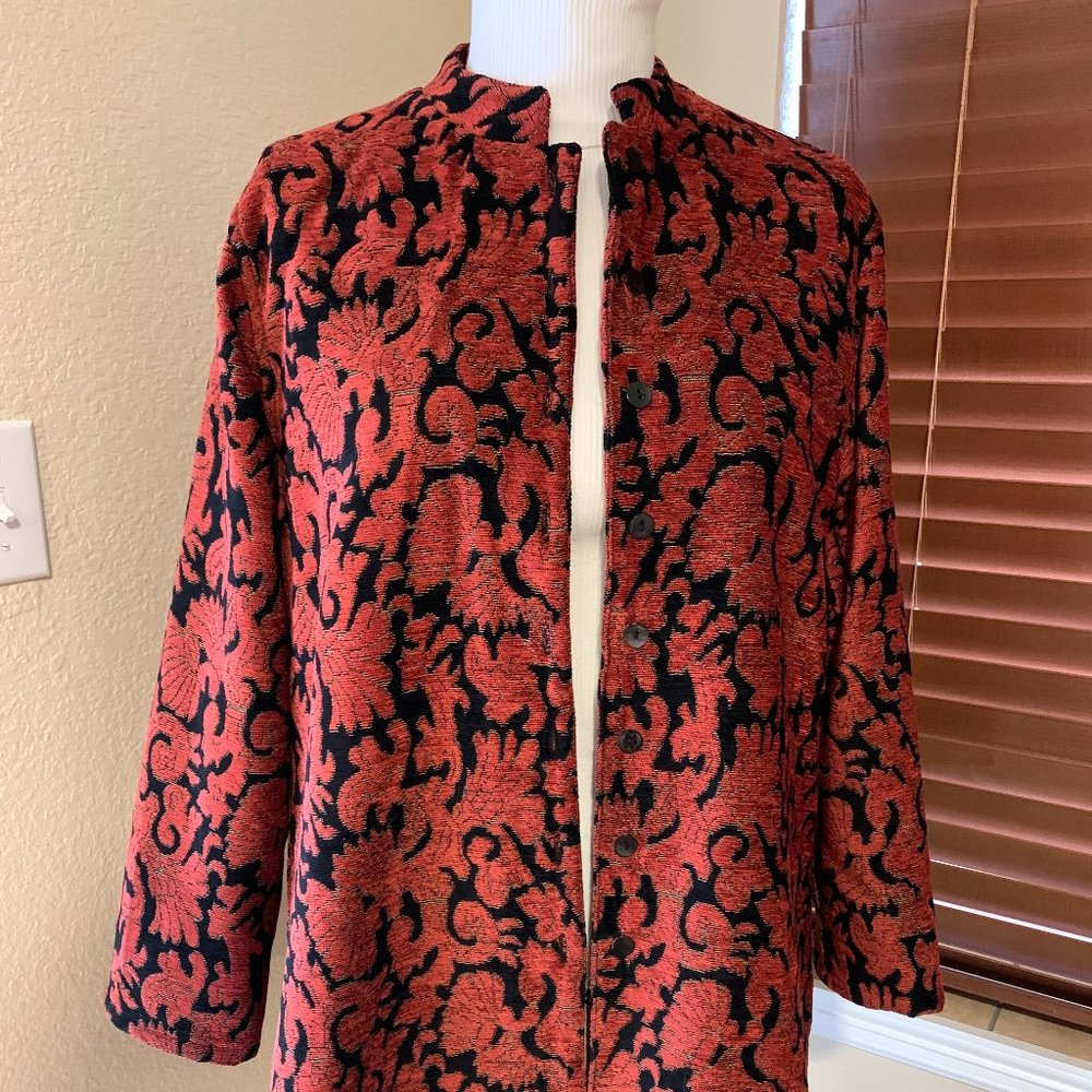 Chicos Brocade Long Jacket with Mandarin Collar